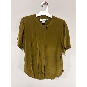 Vintage Silk Blouse 100% Silk Olive Green Button Size 6